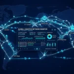 Parcel Tracking Integration - Global logistics network visualization connecting multiple regions with real-time parcel tracking and data monitoring