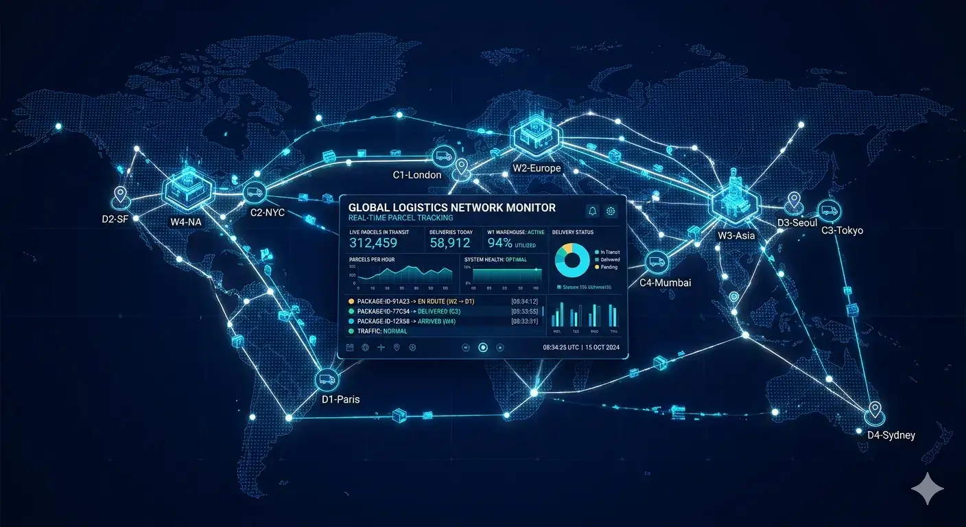 Parcel Tracking Integration - Global logistics network visualization connecting multiple regions with real-time parcel tracking and data monitoring