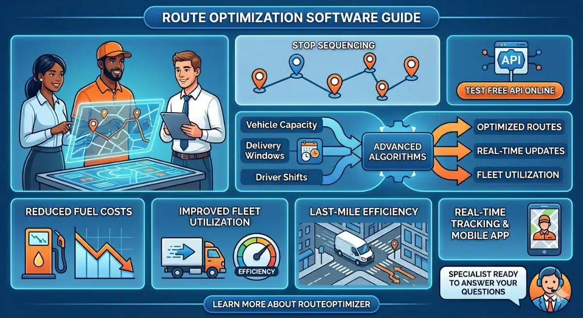Infographic showing route optimization software benefits including fuel savings and stop sequencing