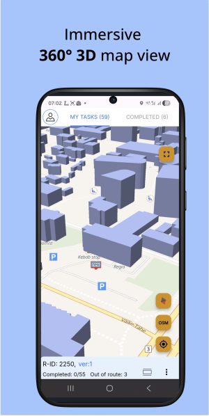 City Carrier Delivery Planner app on mobile with a 3D map view and navigation buttons