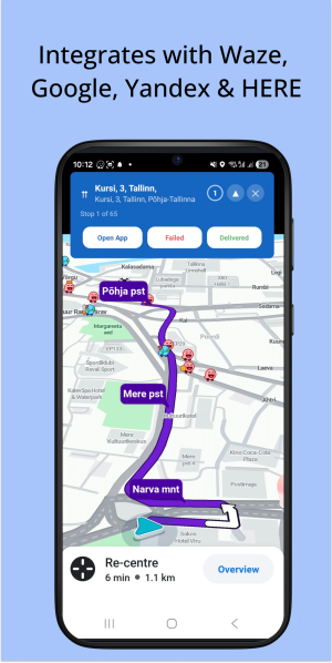 Deliveryplanner 10 City Carrier Delivery Planner app on mobile on navigation mode with bubble over the Waze app