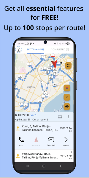 Deliveryplanner 5 City Carrier Delivery Planner app on mobile with a map, optimized route, delivery stop description and navigation buttons