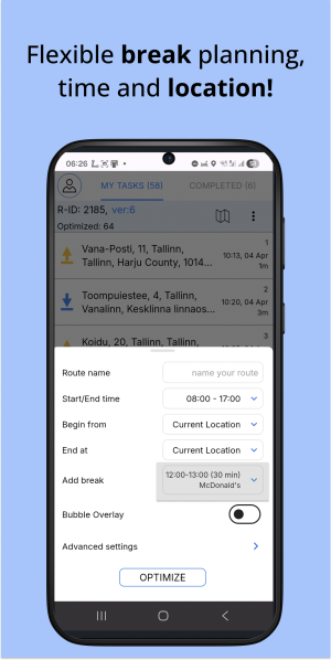 Deliveryplanner 7 City Carrier Delivery Planner app on mobile with route optimization settings, break planning and optimize button