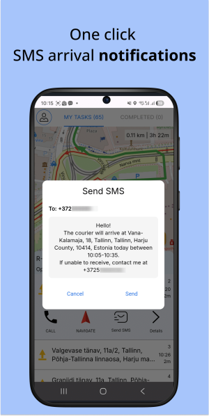 Deliveryplanner 8 City Carrier Delivery Planner app on mobile with SMS notification modal view and ETA message